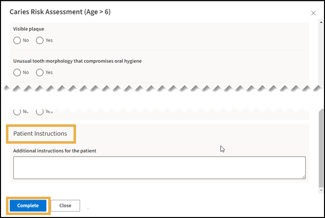 Caries Risk Assessment with yellow highlight boxes around the patient information and Complete button.